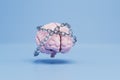 inability to think clearly. the brain is enclosed in iron chains on a blue background. 3D render