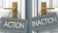 Inaction or action as a choice in life - pictured as words action, inaction on doors to show that action and inaction are