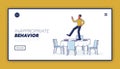 Inappropriate behavior landing page concept with drunk man dancing on served table during event