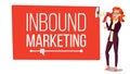 Inbound Marketing Banner Vector. Female With Megaphone. Place For Text. Loudspeaker. Web Pages, Social, Call to Action