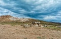 Stone table - sacrificial altar, ruins on the Island of Sun Isla del Sol on Titicaca lake in Bolivia