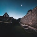 An Inca pyramid with mysterious lighting.