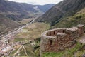 Inca ruins in Pisac archeological site and green peruvian Andes mountains, Sacred valley of the Incas, Peru Royalty Free Stock Photo