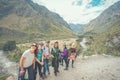 Inca Trail, Peru: August 11th, 2018:A group of hikers are taking photos on the famous Inca Trail. They will need to walk 4 days to