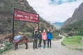 Inca Trail, Peru: August 11th, 2018:A group of hikers are taking photos on the start point of famous Inca Trail. They will need to