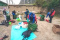 Inca Trail, Peru: August 11th, 2018:Inca porters are packing tourists ` luggage and camping facilities during Inca Trail Trek to