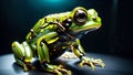 incandescent aesthetic: cyborg frog with luminous eyes, perfect fusion of wilderness and advanced technology