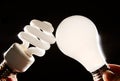 Incandescent and cfl lightbulb on black Royalty Free Stock Photo