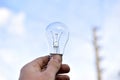 Incandescent lamp in hand on the background of a power line