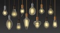 Incandescent lamps. Vintage glowing 3D realistic light bulb, retro loft ceiling filament chandelier, modern interior Royalty Free Stock Photo