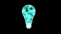 An incandescent light bulb glows on a black background and consists of cells of different shades of turquoise. Idea. A