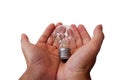 Two hands holding a incandescent light bulb isolated on a white background, incandescent lamp, incandescent light globe. Royalty Free Stock Photo