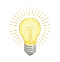 Incandescent lightbulb glowing with bright yellow light hand drawn on white background. Drawing of electric lamp. Symbol