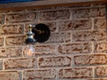 Incandescent rustic light bulb with stylized filament hang on brick wall empty space to rightv