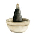 Incense burner cone for aromatherapy watercolor illustration. Aroma pyramid stick on the stand, ceramic bowl