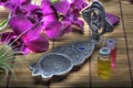 Incense burner with purple orchid Royalty Free Stock Photo