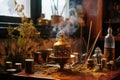 incense burning next to a brewing jebena