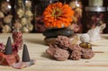 Incense Cones and Desert Rose Rocks on Meditation Table Royalty Free Stock Photo