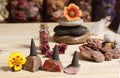 Incense Cones and Desert Rose Rocks on Meditation Table Royalty Free Stock Photo