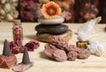 Incense Cones and Desert Rose Rocks on Meditation Table Royalty Free Stock Photo