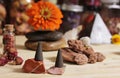 Incense Cones and Desert Rose Rocks on Meditation Table Royalty Free Stock Photo