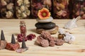 Incense Cones and Desert Rose Rocks on Meditation Table Royalty Free Stock Photo