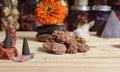 Incense Cones and Desert Rose Rocks on Meditation Table Royalty Free Stock Photo
