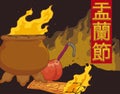 Incense, Fruit and Joss Money Offerings in Hungry Ghost Festival, Vector Illustration