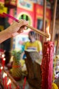Incense stick burning for worship Buddha in chinese temple Royalty Free Stock Photo