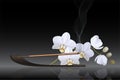 Incense stick with white orchid on black background vector