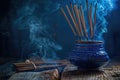 Incense sticks burning in a blue vase, releasing fragrant smoke Royalty Free Stock Photo