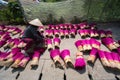 Incense sticks drying outdoor with Vietnamese woman wearing conical hat in north of Vietnam Royalty Free Stock Photo