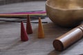 Incense sticks and three incense cones multicolored Royalty Free Stock Photo