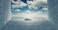 Inception effect. Manipulation. Cloudy sky and a boat sailing on the sea. Royalty Free Stock Photo