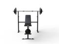 Incline gym bench with barbell weight and additional weight plates - front view