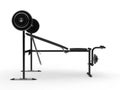 Incline gym bench with barbell weight and additional weight plates - side view