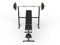 Incline gym bench with barbell weight and additional weight plates - top front view