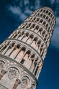 INCLINE Pisa tower from many different perspectives, duomo, blue sky with clouds, sun flare, wide angle photo, bottom and side vie