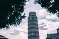 INCLINE Pisa tower from many different perspectives, duomo, blue sky with clouds, sun flare, wide angle photo, bottom and side vie