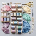 Include multiple wooden spools of pastel threads, embroidery floss Royalty Free Stock Photo