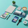 Include a notebook, colorful sticky notes, a coffee cup with latte art, Royalty Free Stock Photo