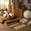Include a straw basket with yarn balls bamboo mats a wooden cutting Royalty Free Stock Photo