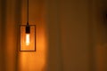 Included electric light bulb on the background of dark curtains, lamp
