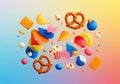 Includes 3D renderings of pretzels, popcorn, crinkle-cut chips, doughnut Royalty Free Stock Photo
