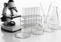 Includes an Erlenmeyer flask, a graduated beaker, test tubes in Royalty Free Stock Photo