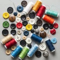 Includes spools of thread in colors like red, white, blue, green, and orange Royalty Free Stock Photo