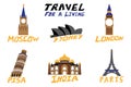 Includes symbols and attractions of London, great Britain Italy Paris, France Sydney, Australia, India, Moscow, Russia