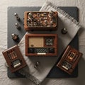 Includes three radios of varying sizes, all featuring wood finish and Royalty Free Stock Photo