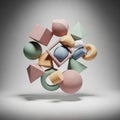 Including spheres, cubes, pyramids, and toruses, arranged in a balanced compo Royalty Free Stock Photo