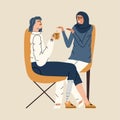 Inclusion concept..Muslim girl and disabled woman spending time together. Vector illustration in hand drawn style